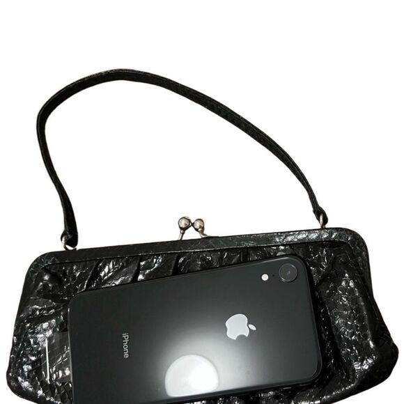 Vintage 90s Y2k Bebe Black Snakeskin Leather Small Evening Handbag Clutch Party - Picture 5 of 13